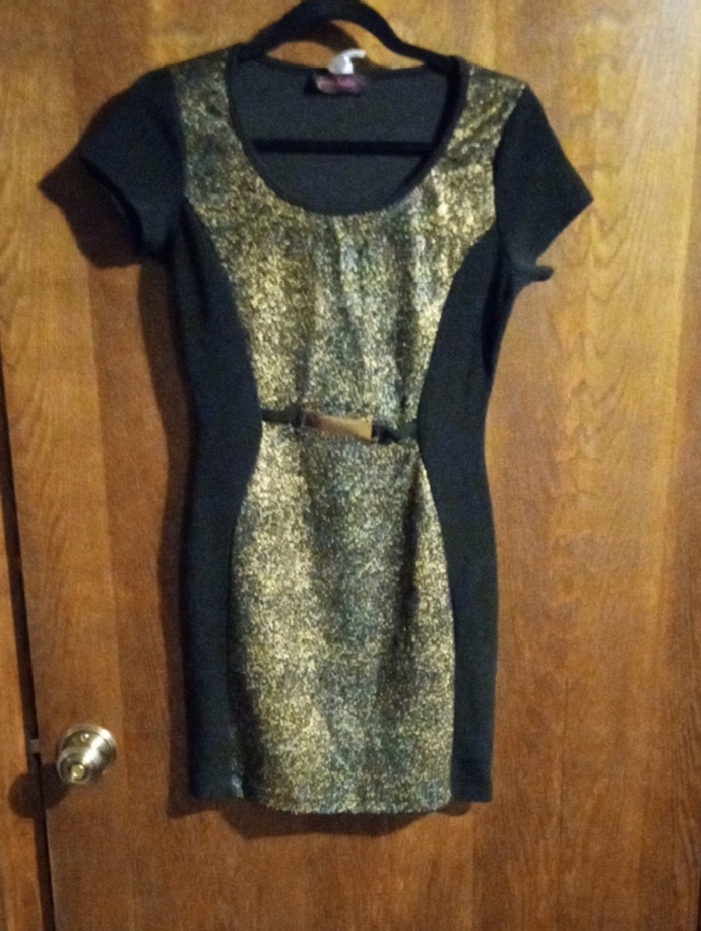Annabelle Black and Gold Sheath Dress with Decorative Belt